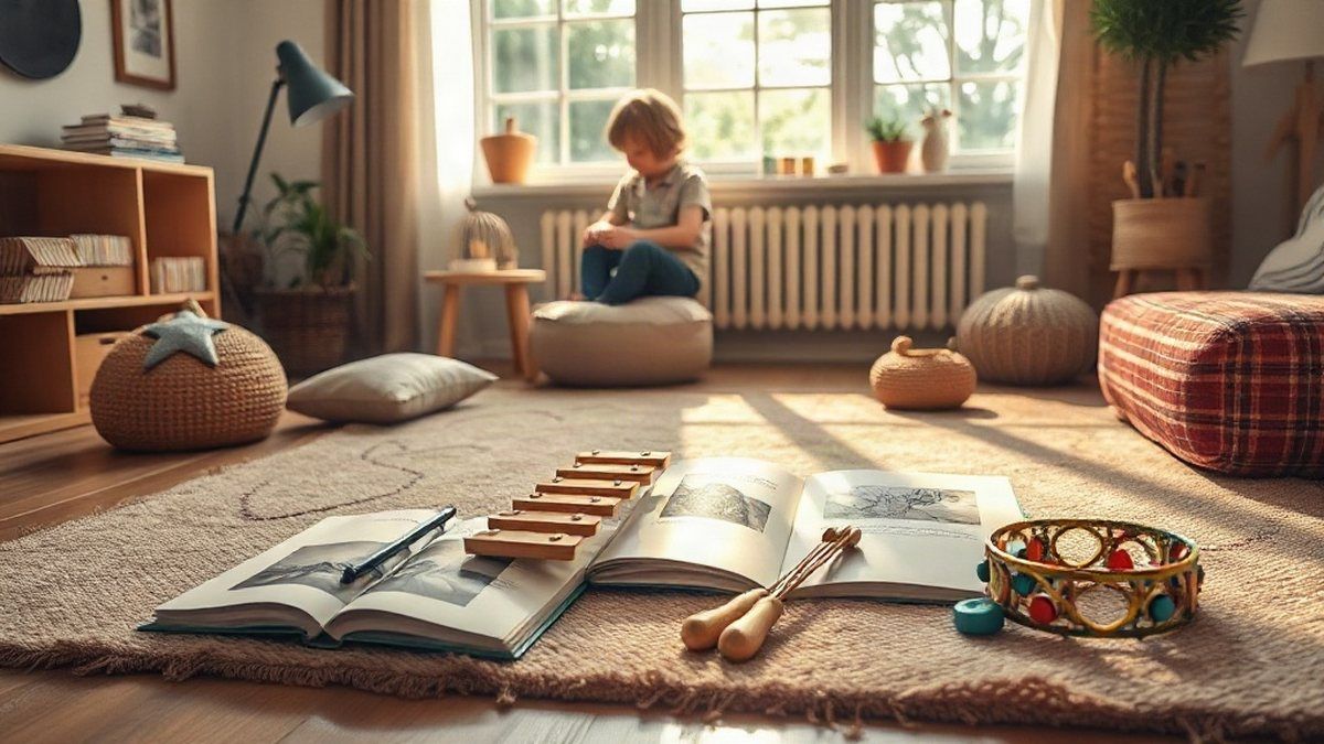 Brinquedos musicais e livros infantis em uma sala aconchegante para aprender inglês com músicas