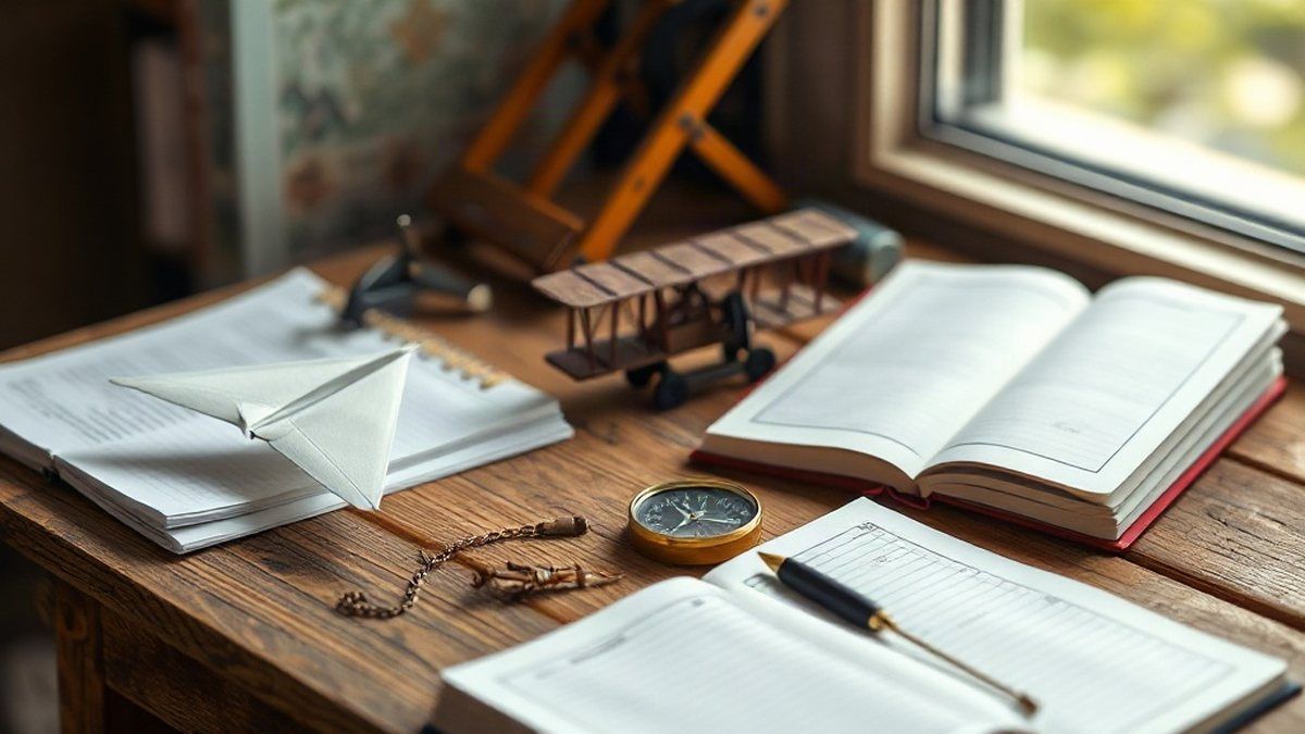 Mesa de estudo com avião de papel, modelo de avião antigo e caderno
