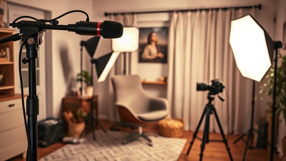 Estúdio caseiro com microfone direcional, três luzes e câmera para áudio e iluminação para YouTuber
