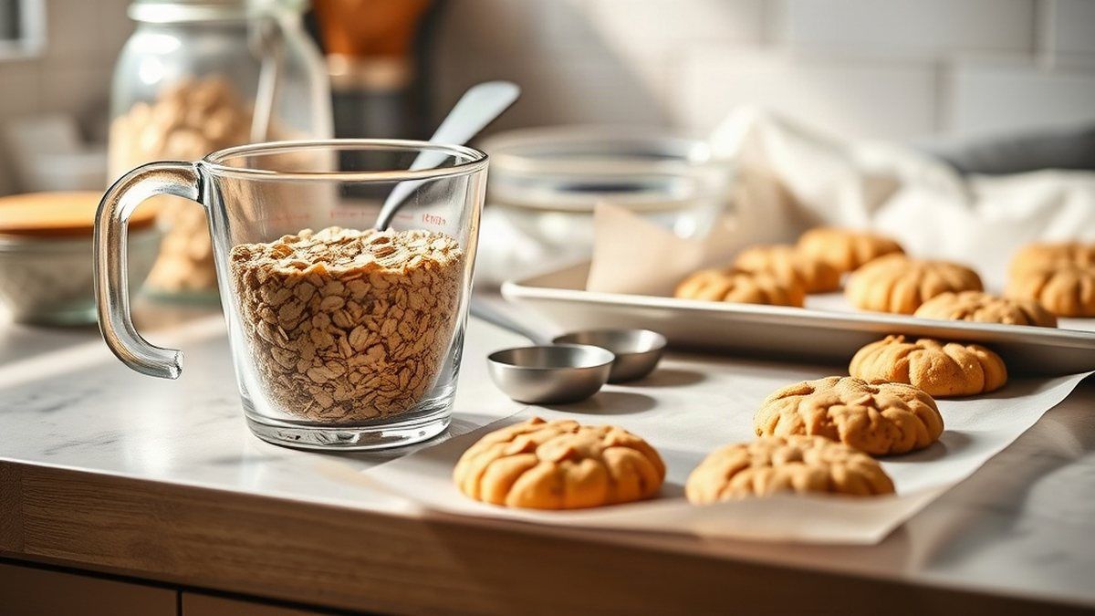 Biscoito de aveia para ensinar frações Bancada com copo medidor, colheres e massa de biscoito de aveia para atividades com frações