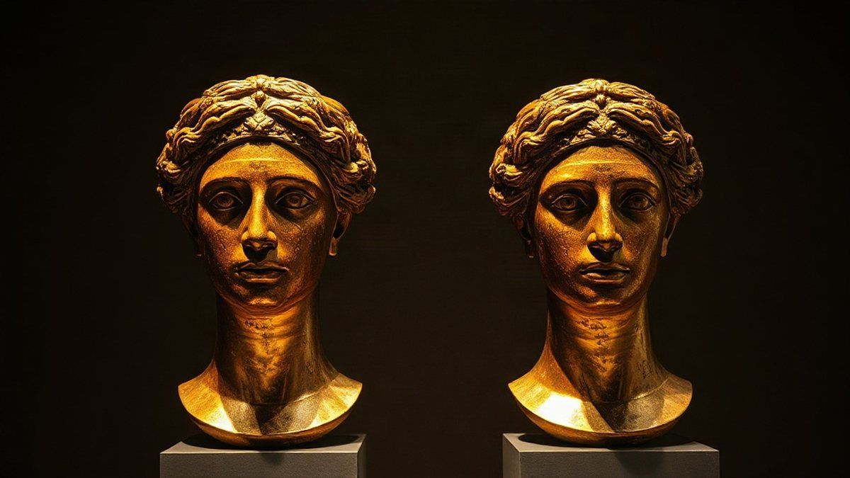Duas estátuas de bronze dos bronzes de Riace expostas em galeria de museu com iluminação suave