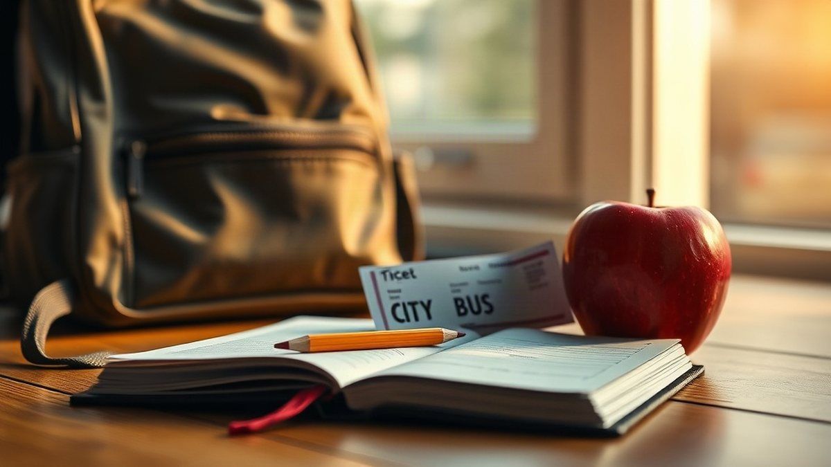 Mochila escolar, caderno com lápis e bilhete de ônibus sobre uma mesa de madeira, representando coisas para fazer antes de ir para a escola