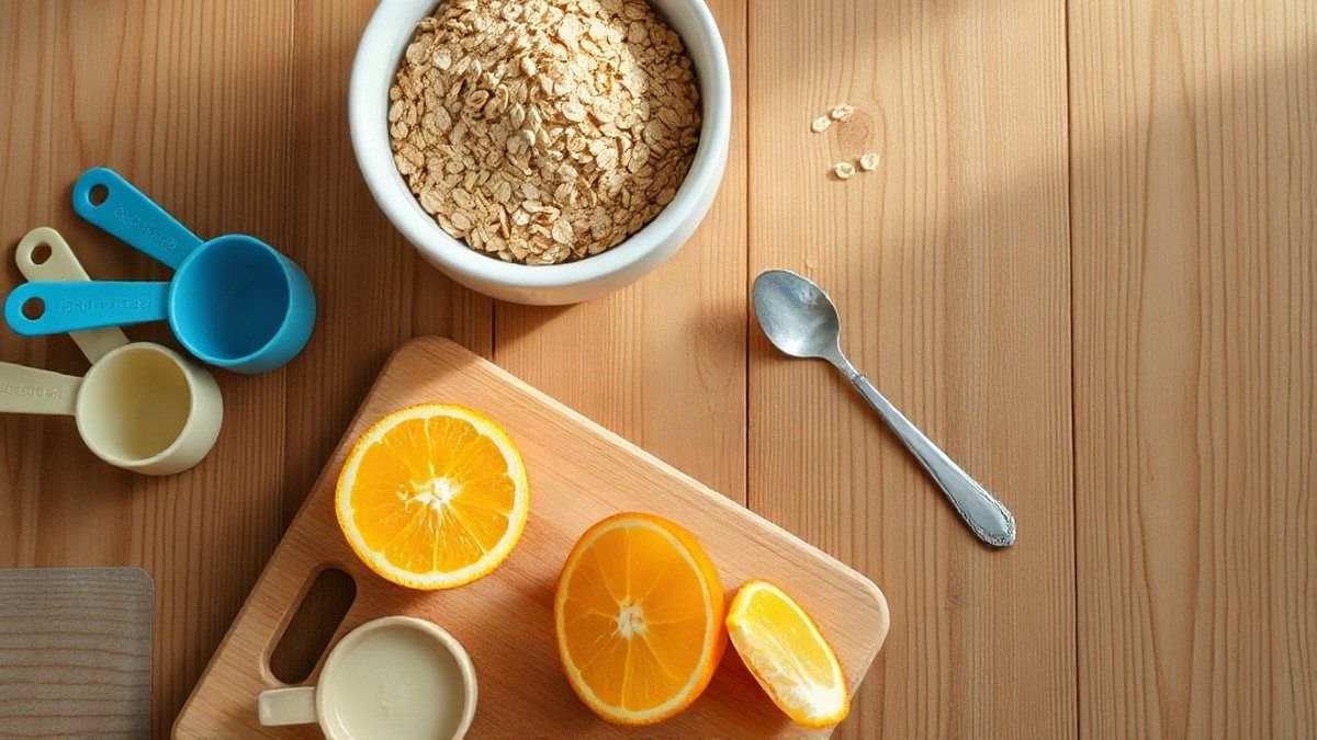 Mesa de cozinha com copos medidores, aveia e laranja cortada em metades e quartos para ensinar frações