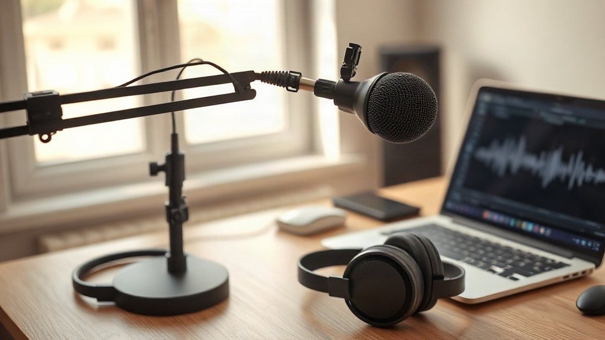 Estúdio caseiro para fazer um podcast, com microfone USB, fones de ouvido e notebook sobre mesa de madeira