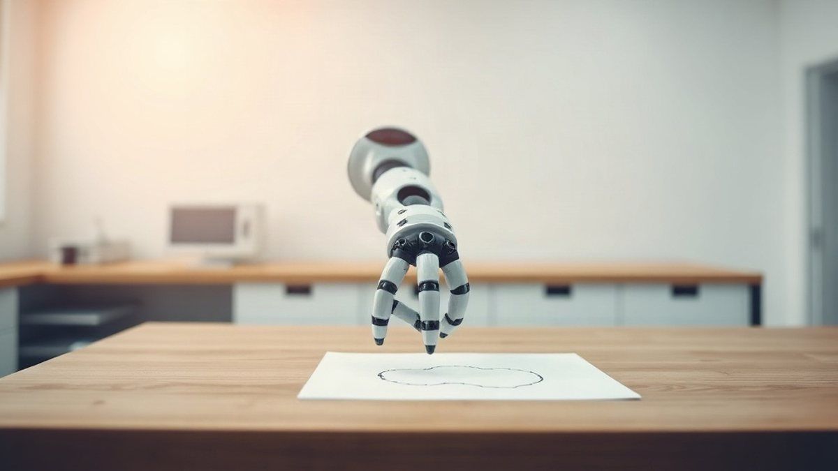 Braço robótico copiando um desenho em uma bancada de laboratório, ilustrando como os robôs aprendem por cópia