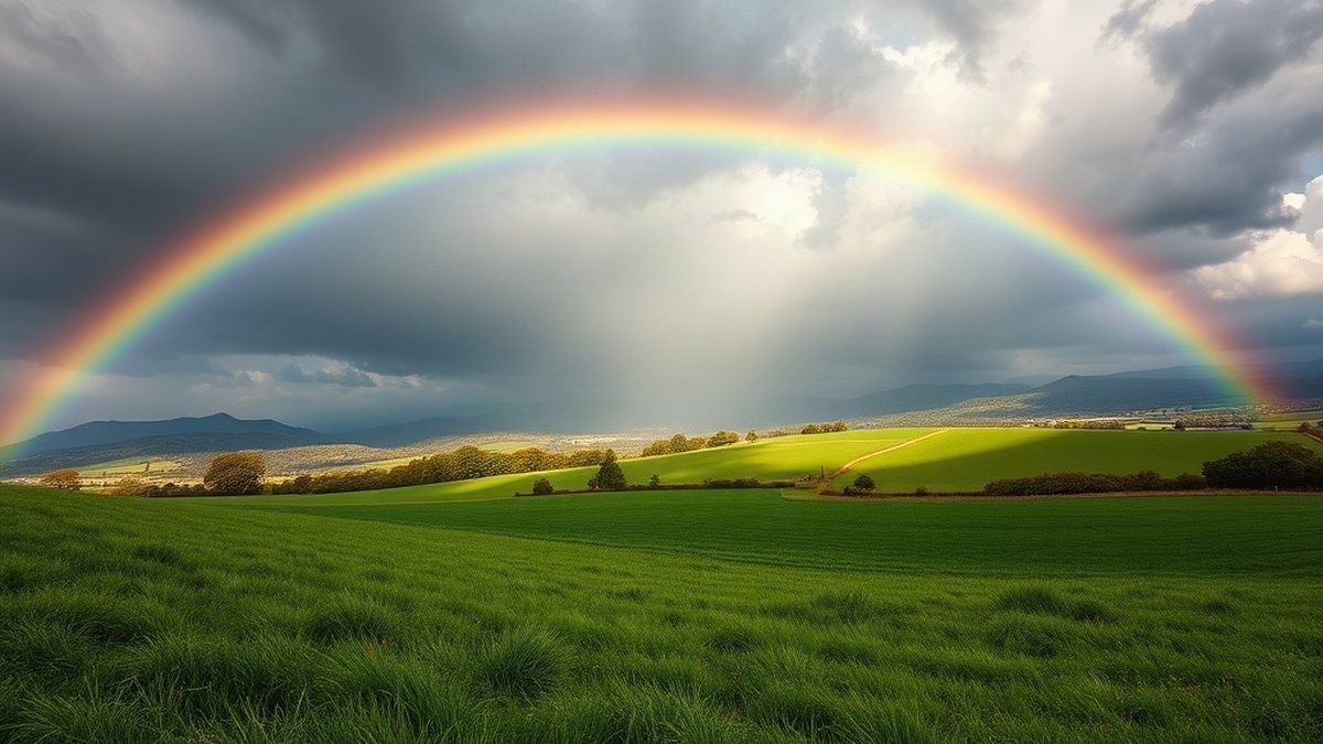 Arco-íris colorido sobre um campo verde depois da chuva