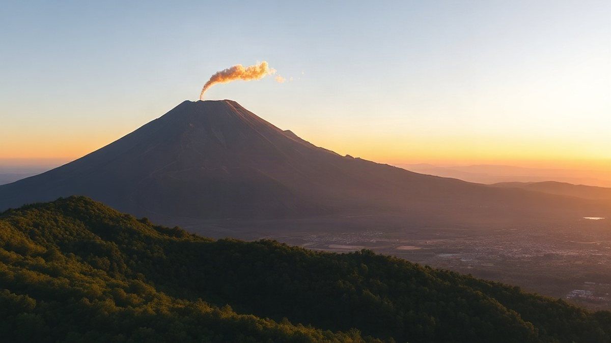 Vulcão com fumaça saindo da cratera ao amanhecer