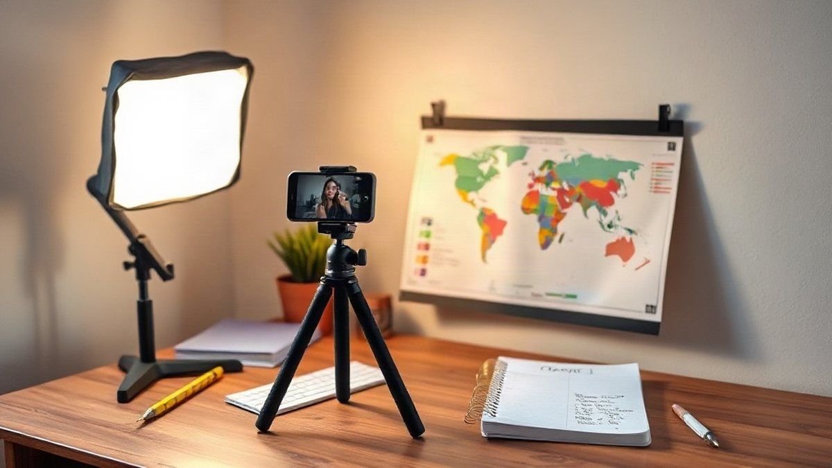 Como se tornar um YouTuber: espaço de gravação com tripé, luz suave e roteiro sobre a mesa