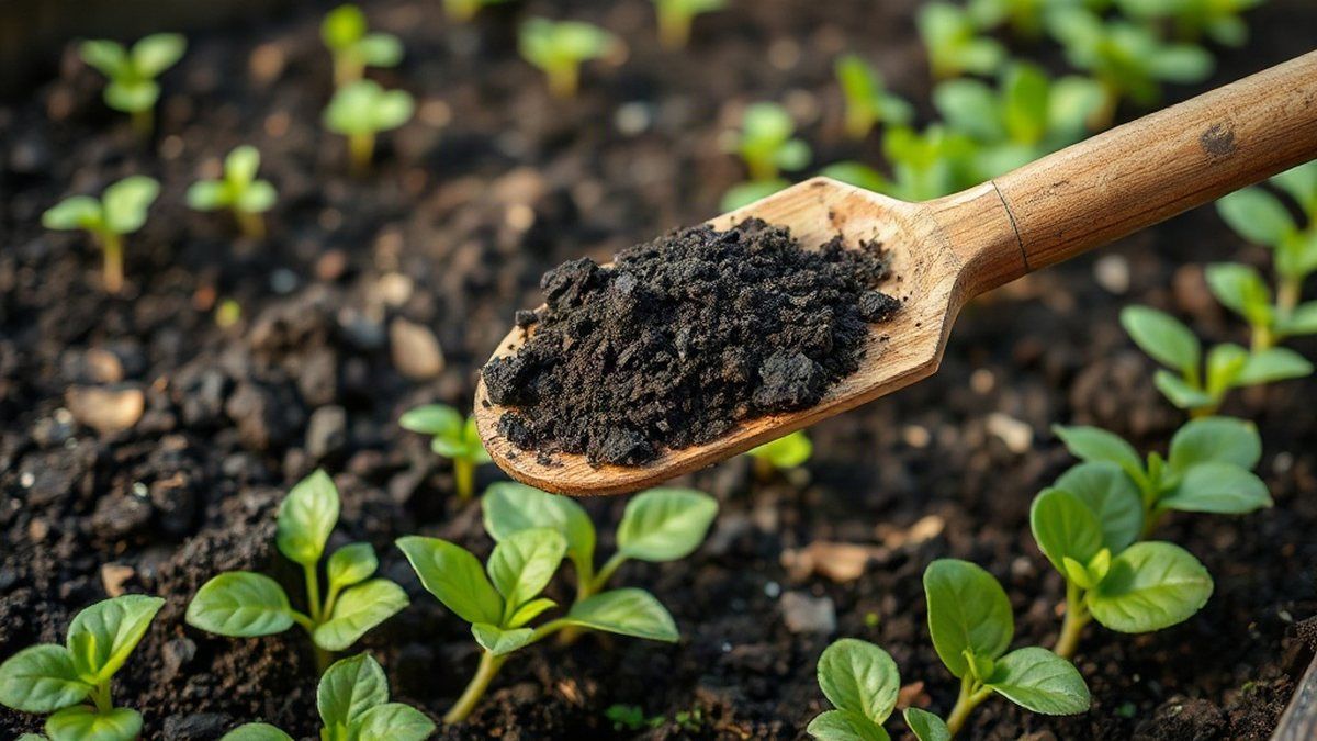 Adubo de compostagem escuro e granulado ao lado de mudas em canteiro