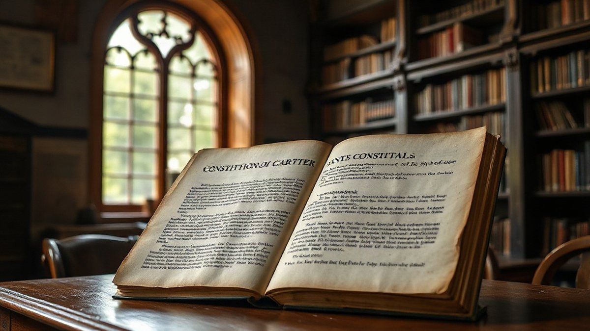 Documento antigo da Constituição italiana sobre mesa de madeira em arquivo histórico