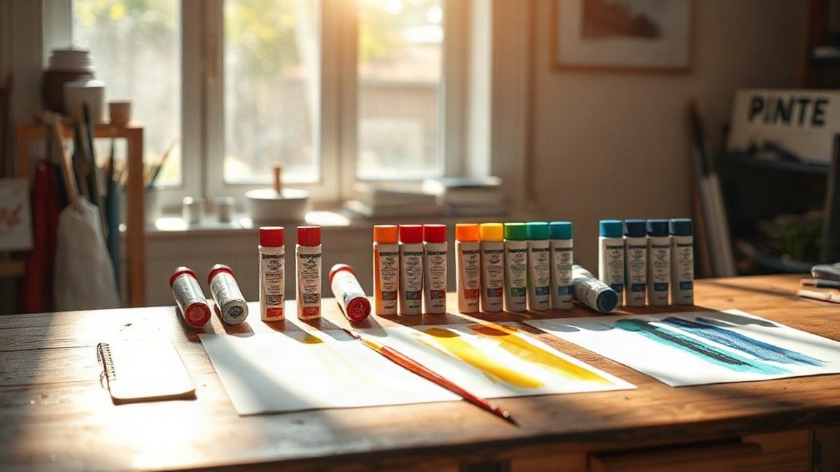 Mesa de pintura com tintas quentes e frias organizadas lado a lado, ilustrando a diferença entre cores quentes e frias