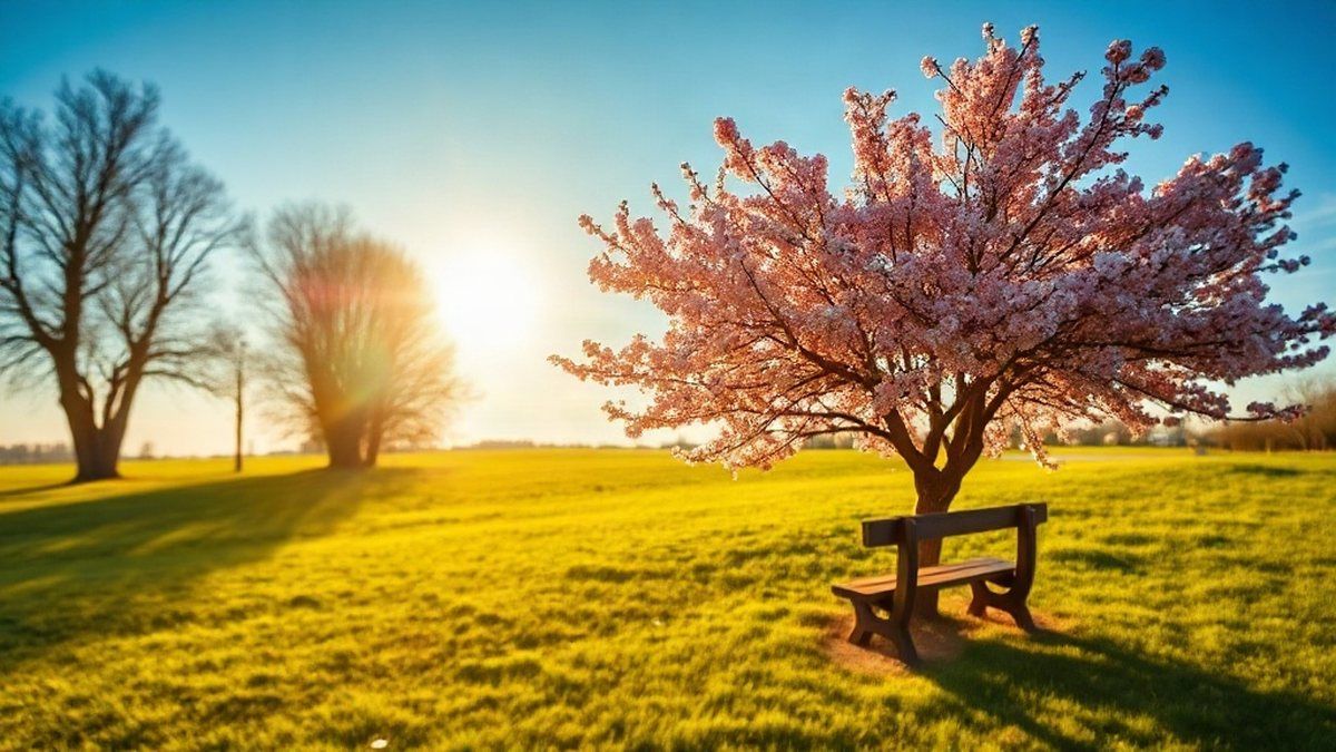 Paisagem de primavera com árvore florida e grama verde, retratando as curiosidades sobre a primavera