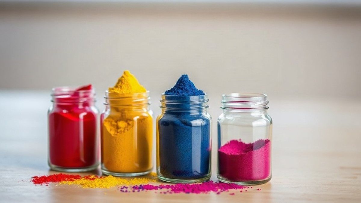Potes de vidro com pigmentos coloridos em vermelho, amarelo, azul e magenta, ilustrando curiosidades sobre cores