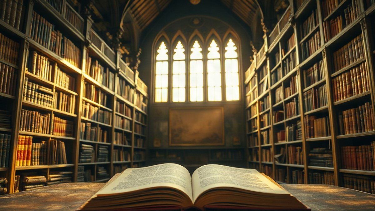 Estante de biblioteca antiga com livros encadernados em couro, representando curiosidades sobre livros