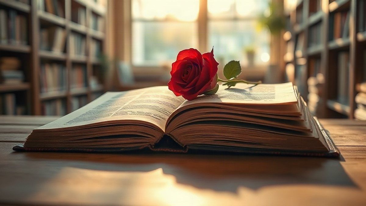 Livro aberto com uma rosa vermelha sobre a mesa, representando o Dia Mundial do Livro