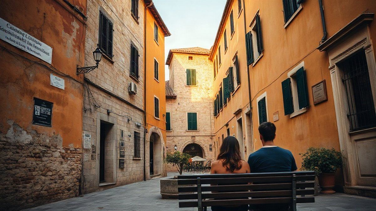 Pequena praça de uma vila italiana ao entardecer, representando o dialeto italiano falado no dia a dia