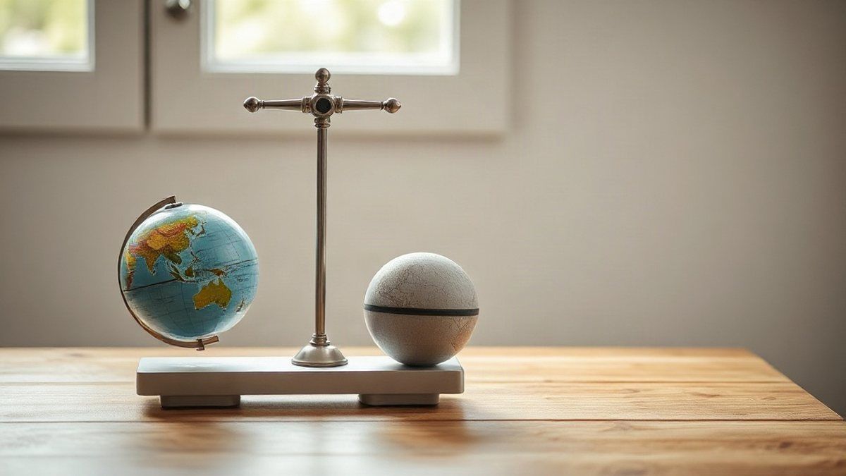 Balança e objetos sobre uma mesa ilustrando a diferença entre massa e peso