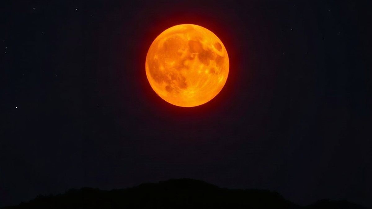 Lua cheia avermelhada durante um eclipse lunar total sobre colinas escuras
