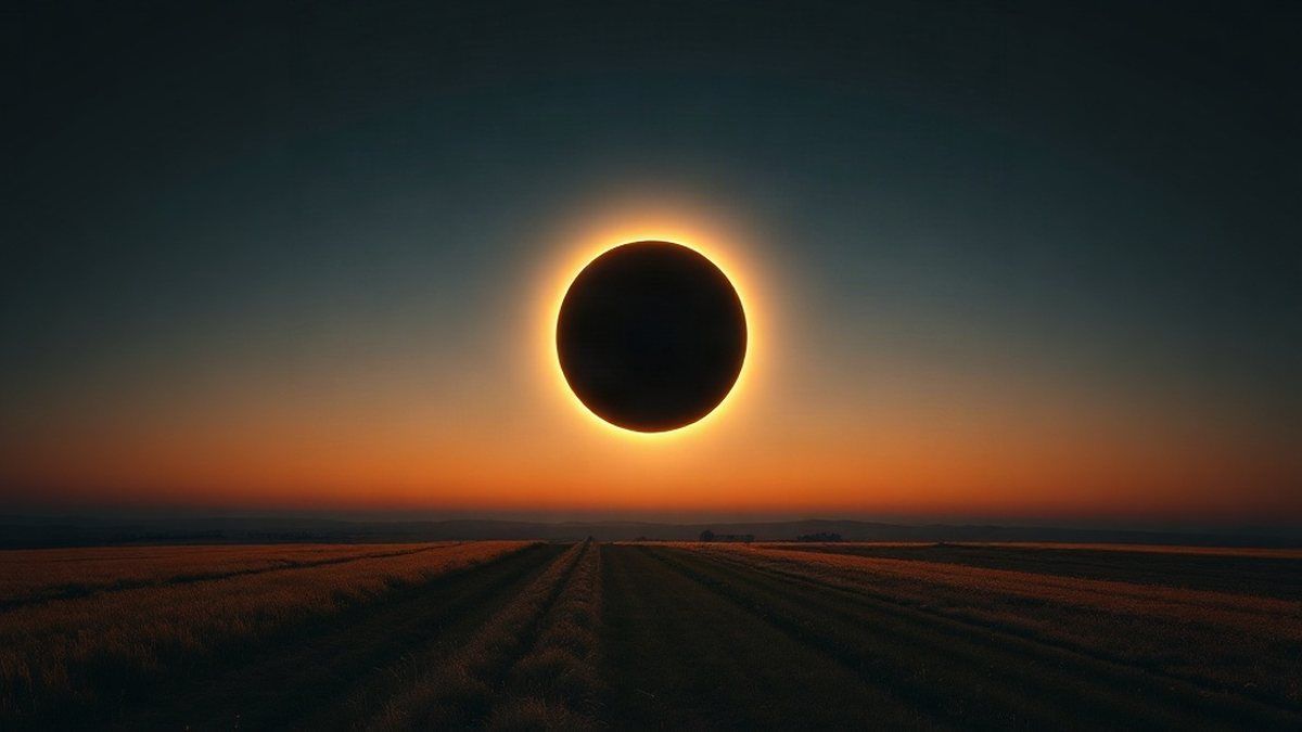 Eclipse solar total com a Lua encobrindo o Sol e a coroa solar brilhando ao redor