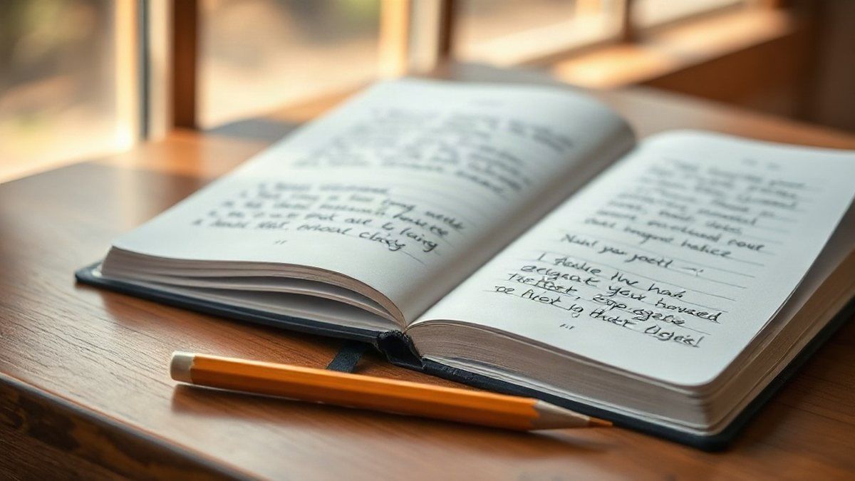 Caderno aberto com anotações de inglês sobre uma mesa de estudos