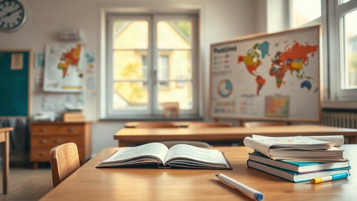 Sala de aula italiana preparada para o exame de terceira média 2021, com carteira, caderno e cartazes
