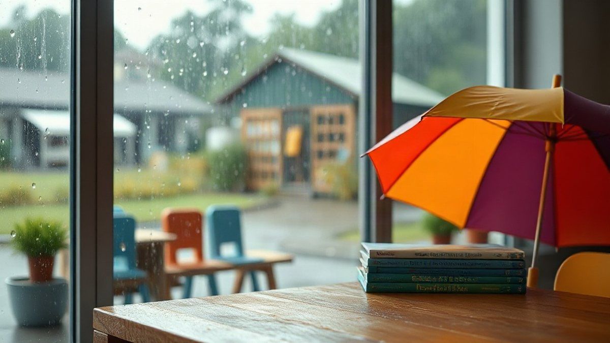 Chuva forte caindo pela janela de uma sala de aula, ilustrando expressões idiomáticas em inglês