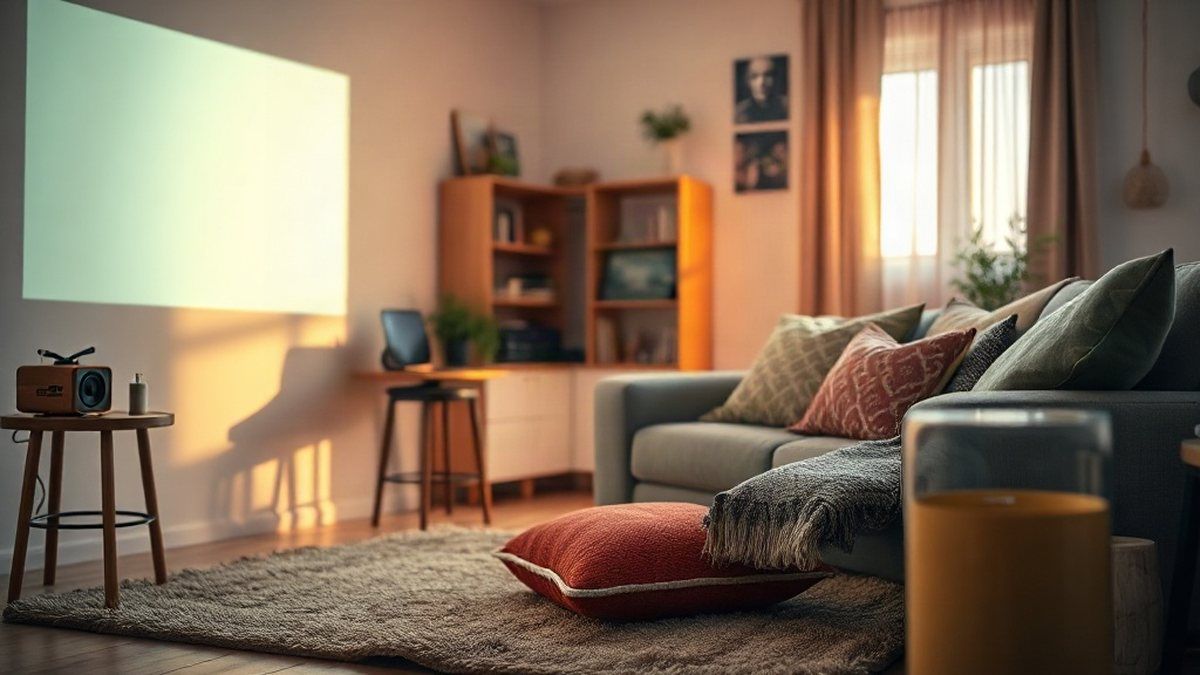 Sala aconchegante com projetor antigo iluminando parede branca para sessão de filme em família