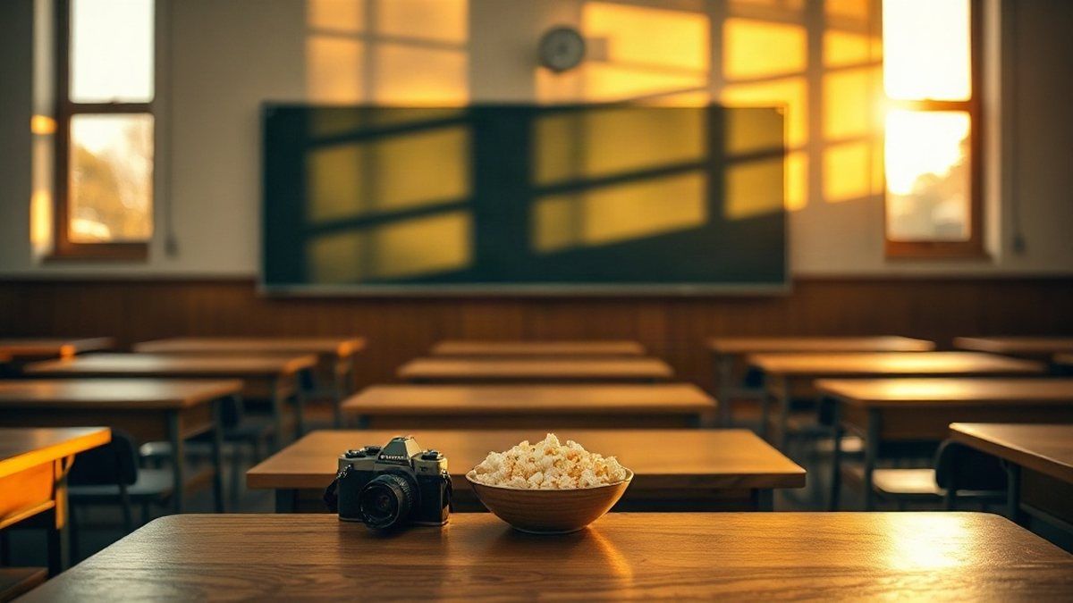 Sala de aula vazia com carteiras de madeira e luz dourada entrando pela janela, evocando filmes sobre a escola