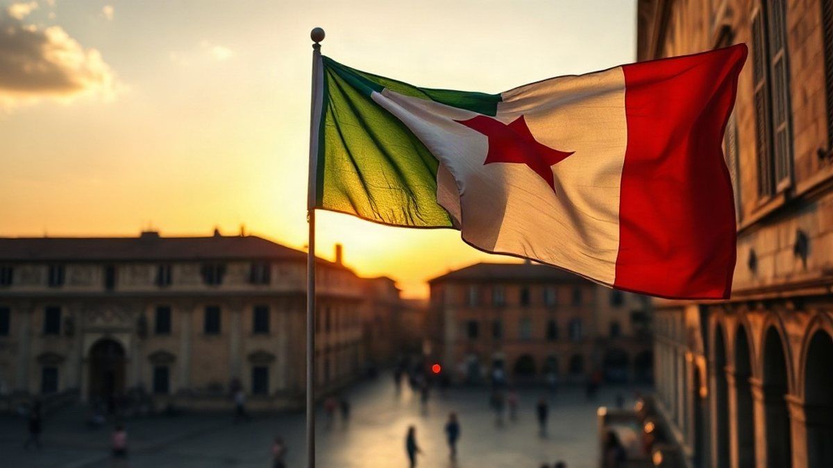 Bandeiras tricolores da Itália tremulando em praça antiga ao entardecer, em referência ao hino de Mameli