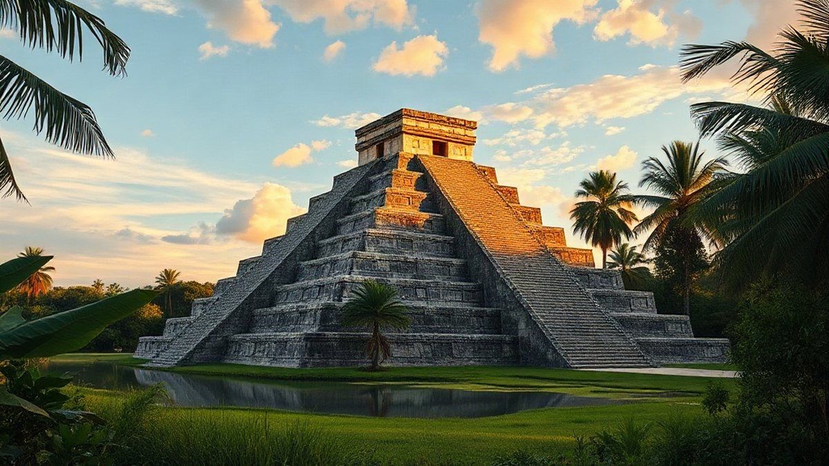 Pirâmide de pedra em estilo asteca erguendo-se sobre a paisagem tropical, representando a história dos astecas