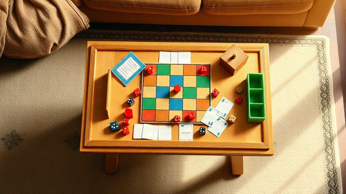Mesa com jogos de tabuleiro coloridos prontos para uma partida em família
