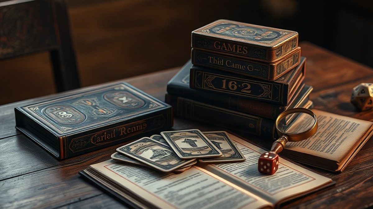 Pilha de jogos de tabuleiro e cartas ao lado de um livro antigo e uma lupa, representando livros inspirados em jogos famosos