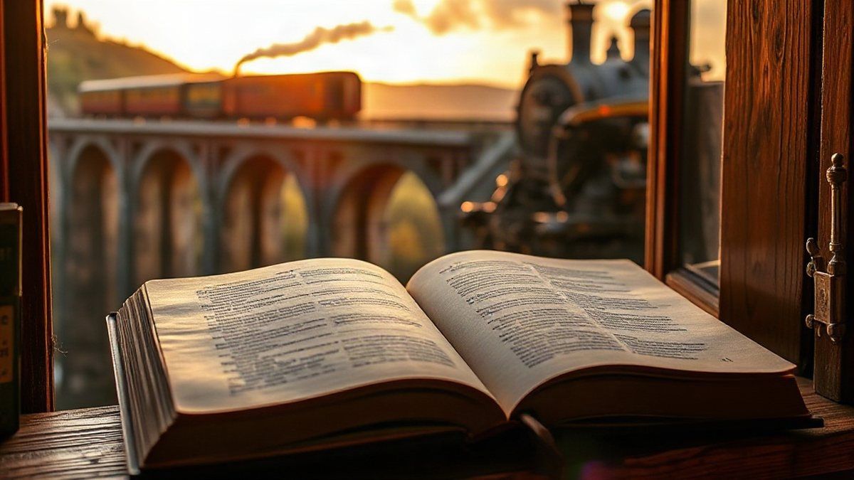 Trem a vapor antigo atravessando um viaduto ao entardecer, ao lado de um livro aberto sobre livros sobre trens