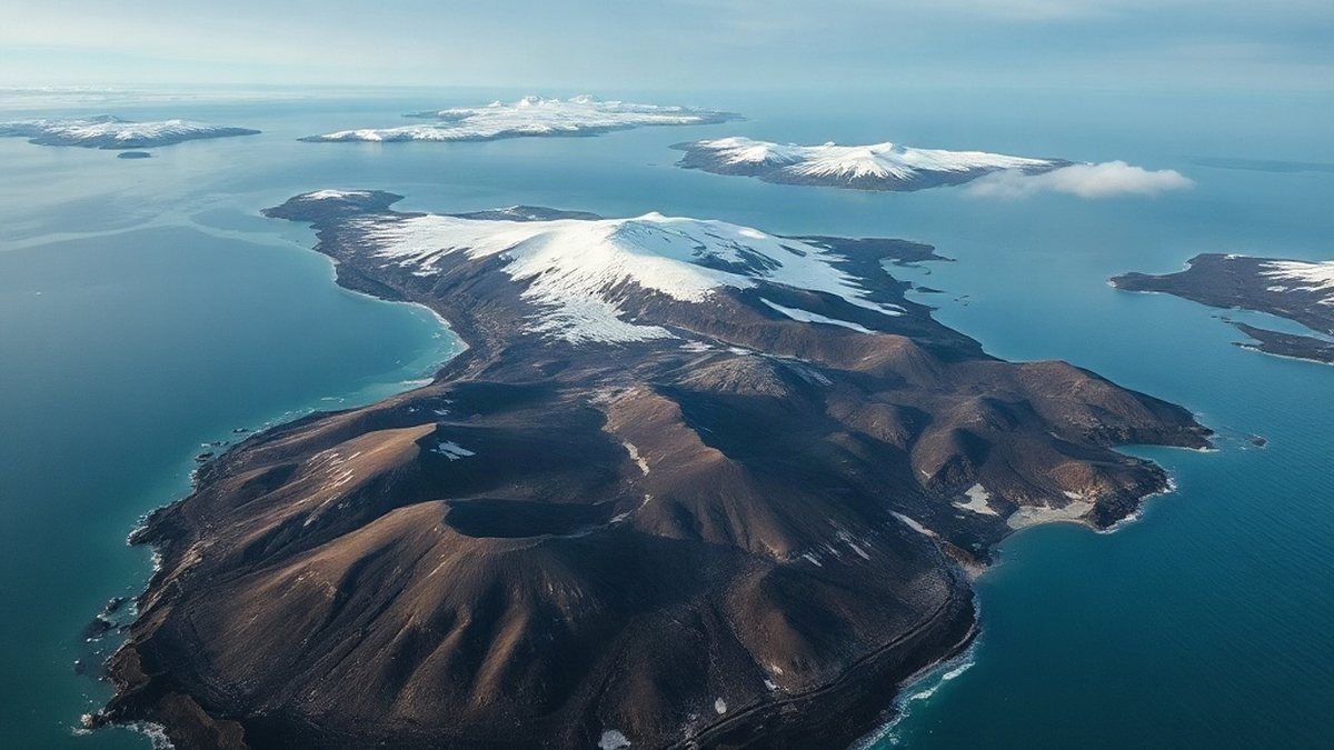 Vista aérea da costa de uma grande ilha ártica com geleiras e mar turquesa, representando as maiores ilhas do mundo
