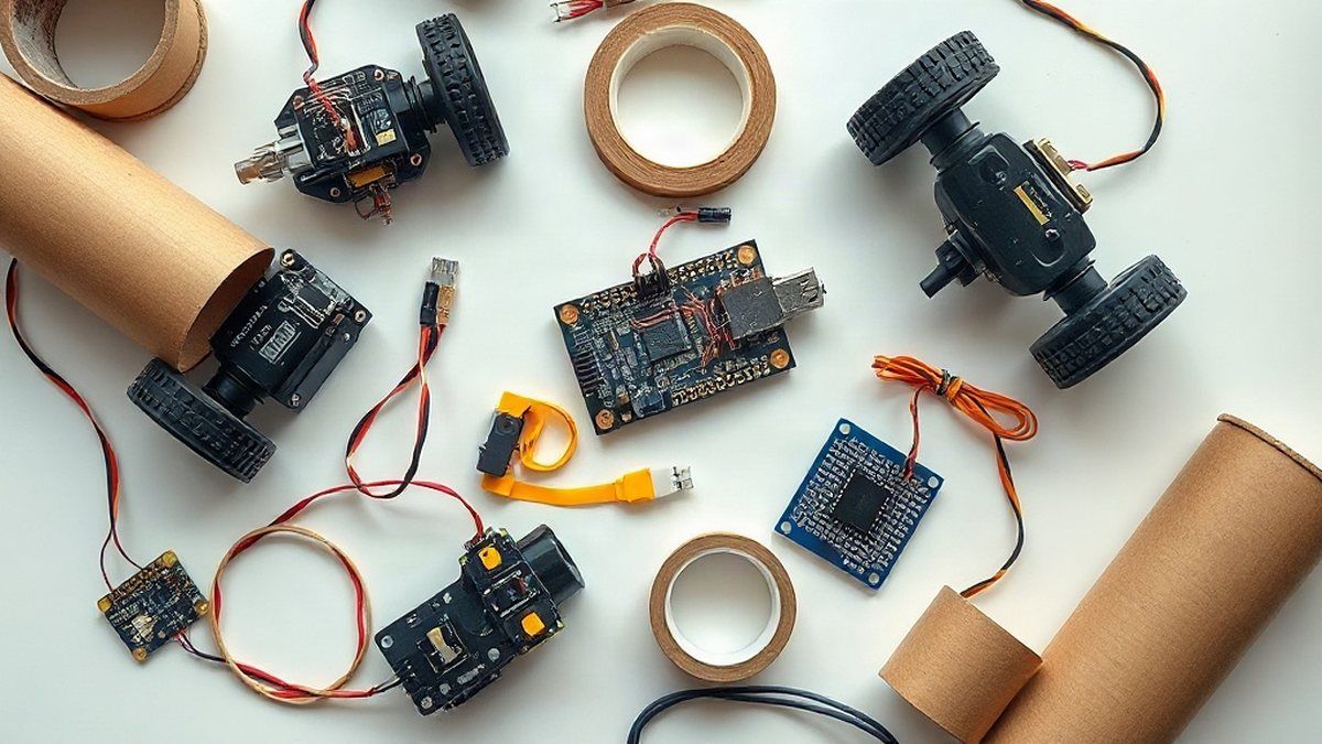 Materiais para robótica para crianças iniciantes Materiais básicos para robótica para crianças iniciantes sobre uma mesa clara