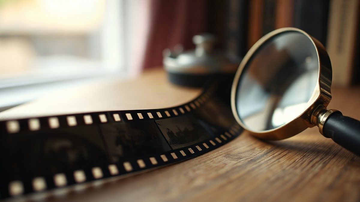 Tira de filme de 35 mm com quadros ampliados sobre uma mesa de madeira, ilustrando mensagens subliminares em vídeos