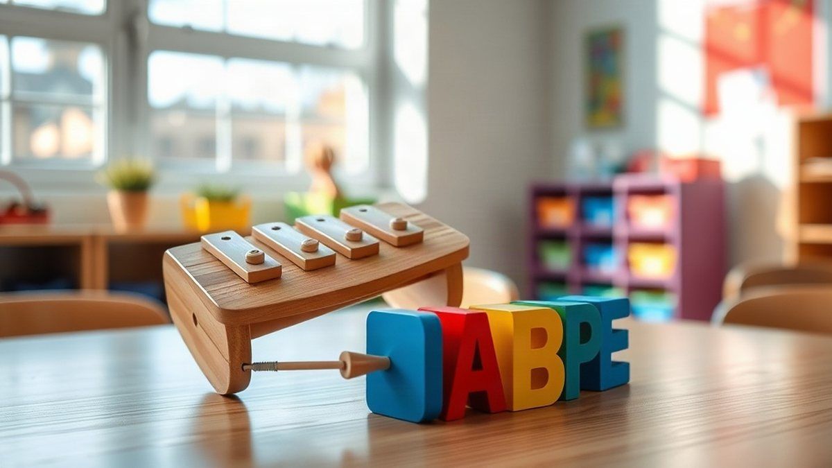 Instrumentos infantis e blocos coloridos sobre uma mesa de aula