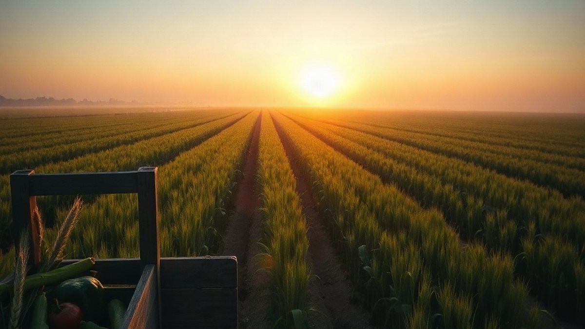 Plantação em campo aberto ao amanhecer, representando a agricultura e o cultivo de alimentos
