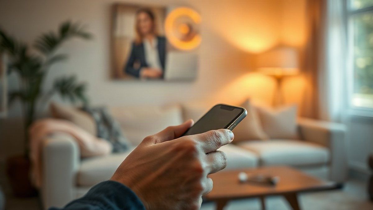 Mãos segurando um smartphone com ondas sonoras luminosas, ilustrando o que é o Clubhouse, rede social de conversas por voz