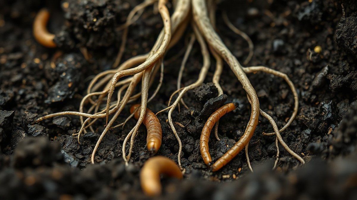 Solo fértil e vida no ecossistema Close de solo fértil com raízes, fungos e pequenos insetos, mostrando a base de um ecossistema