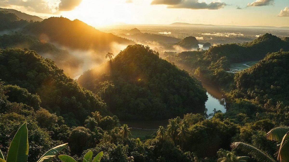Floresta tropical com dossel verde, rio sinuoso e névoa matinal, representando um ecossistema em equilíbrio