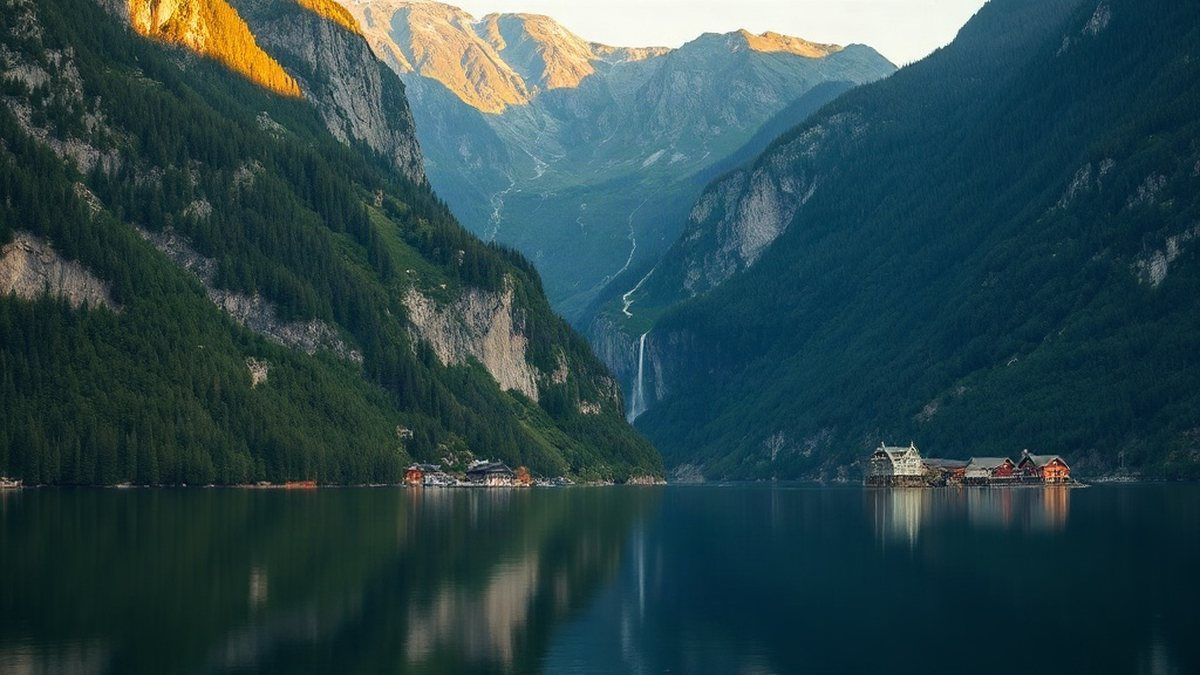 Fiorde na Noruega com águas calmas entre encostas altas cobertas de floresta, ilustrando o que é um fiorde