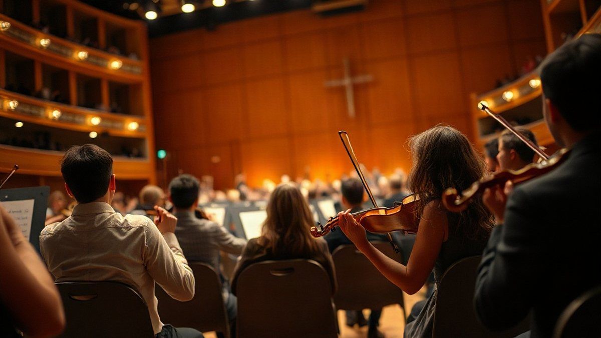 O que é uma orquestra: músicos de uma orquestra sinfônica tocando em um palco de concerto