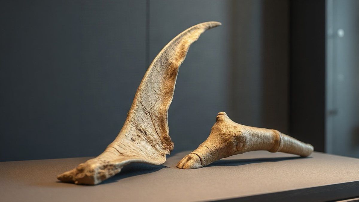 Ossos de pterossauro e dinossauro Fósseis de osso de asa de pterossauro e osso de perna de dinossauro lado a lado