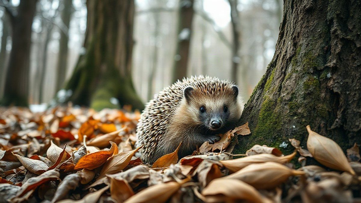 Ouriço enrolado em folhas secas no pé de uma árvore durante o inverno