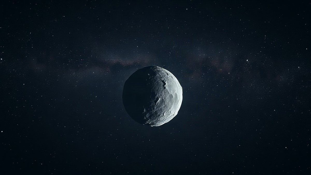Planeta anão gelado em destaque sobre um céu estrelado