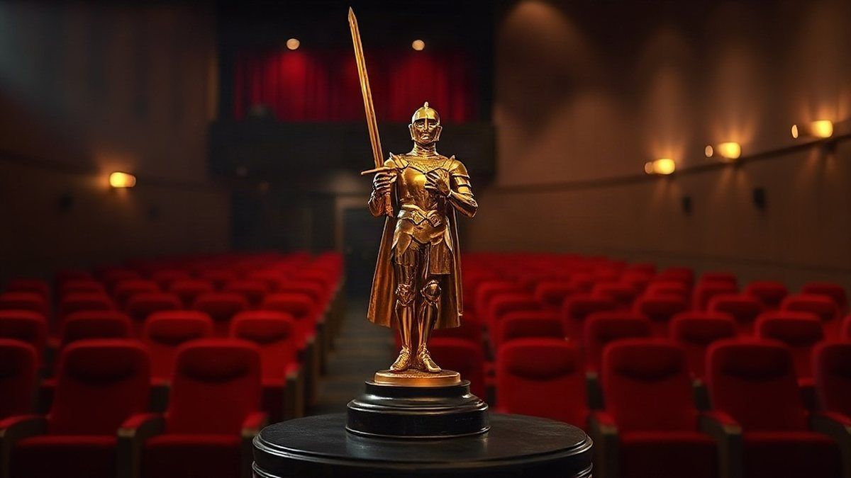 Estatueta dourada de cavaleiro com espada sobre pedestal escuro, ilustrando por que o Oscar se chama Oscar