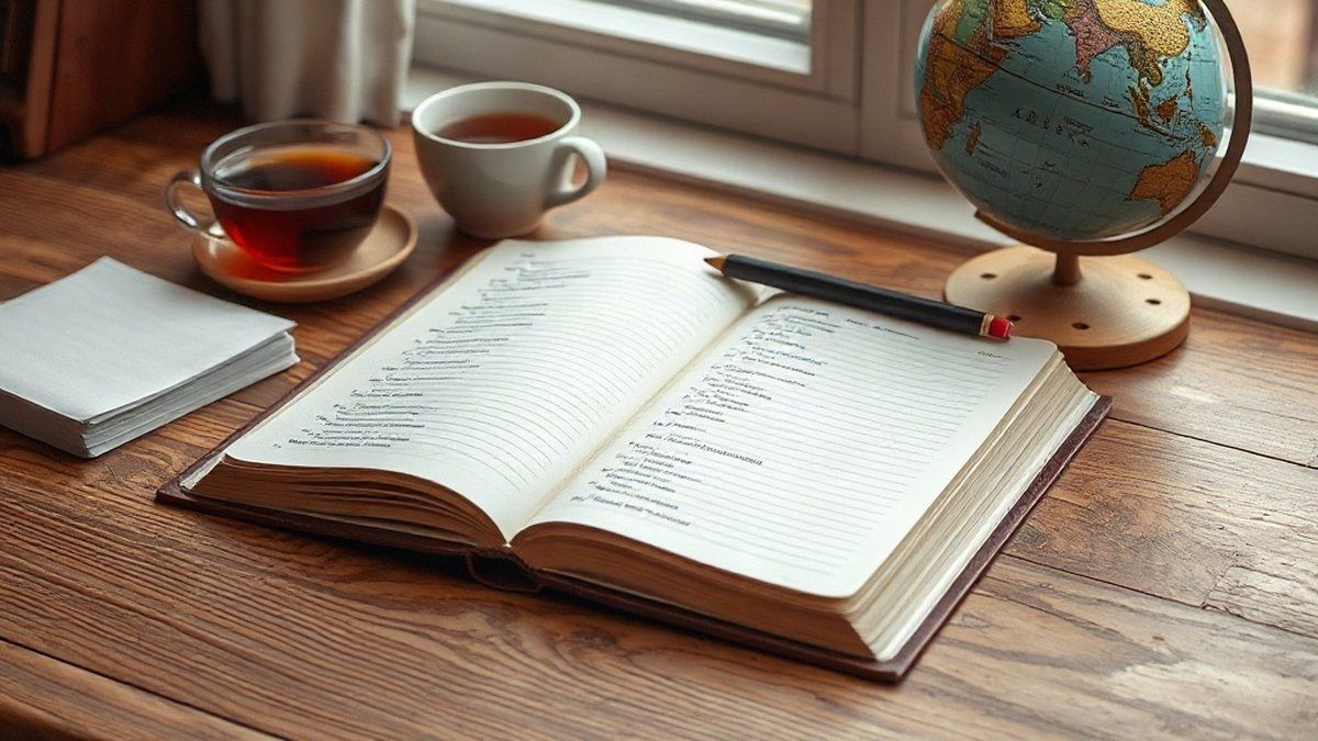 Caderno aberto de estudos de inglês sobre mesa de madeira, com xícara de chá e lápis, representando o estudo de pronomes em inglês