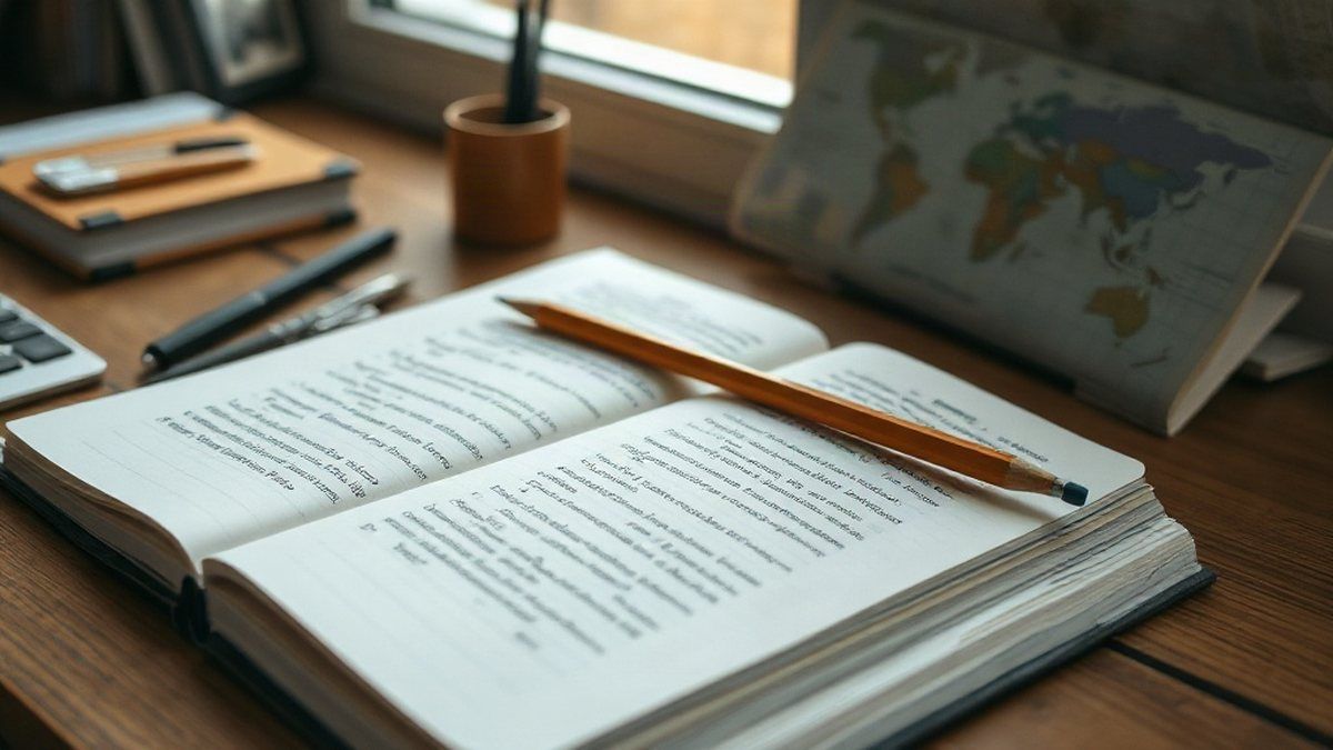 Caderno aberto com frases em inglês sobre pronomes relativos em cima de uma mesa de madeira