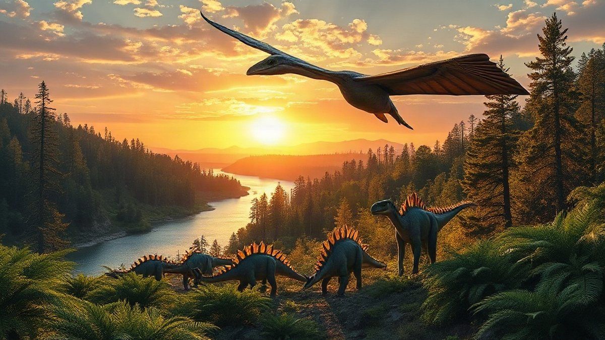 Pterossauro voando sobre um vale com dinossauros herbívoros no Cretáceo